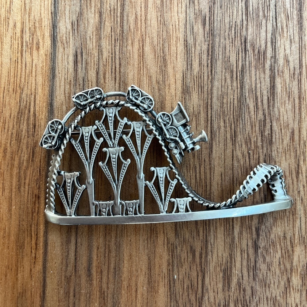 VINTAGE Roller Coaster Train Steam Engine Brooch Pin Whimsical Amusement Park